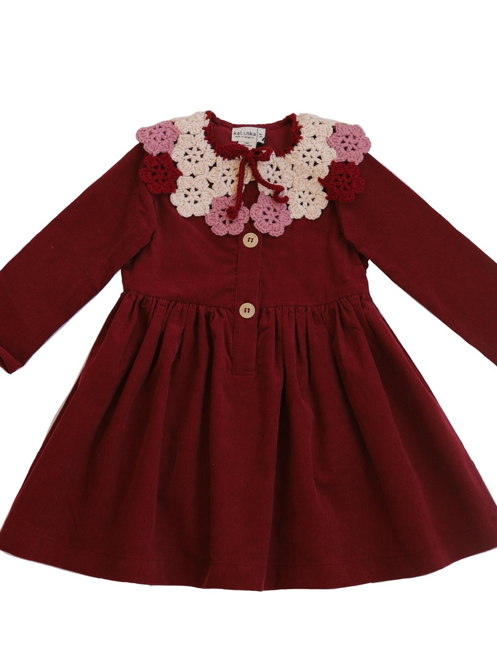 Kalinka Girls Burgundy Corduroy Dress with Crochet Collar